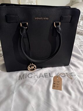 Michael Kors Black Dillon Saffiano Leather Satchel with Gold MK Charm